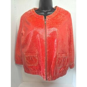 In Suede Tomato Red Textured Crackle Finish Cropped Bomber Jacket  SZ Medium